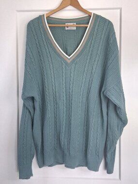 London Fog Cable Knit V-Neck Sweater Mens 2XL Blue Green Preppy Grandpa Style